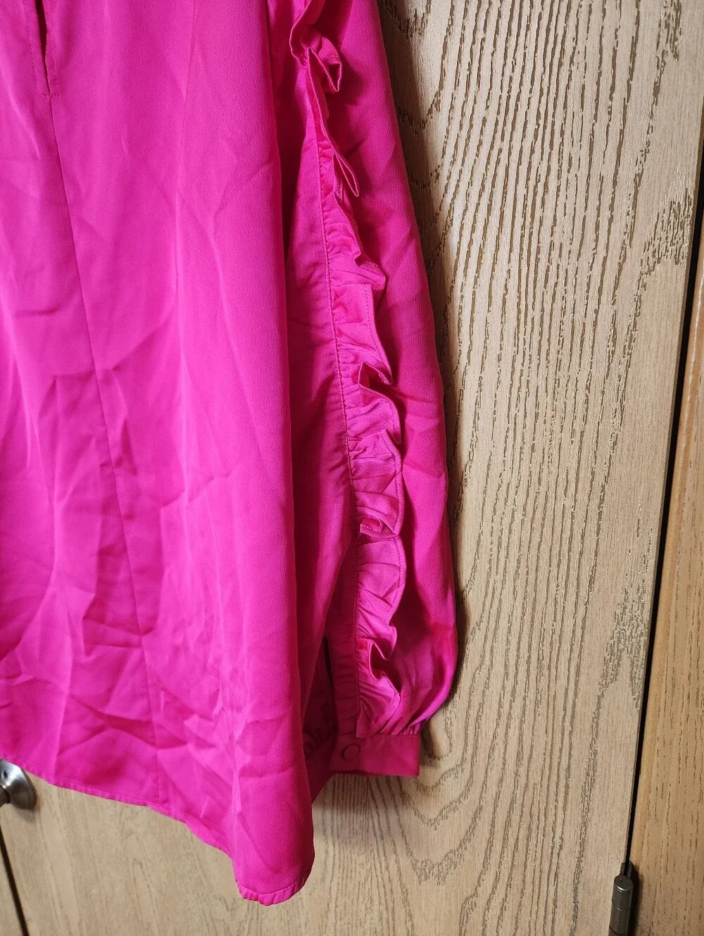 J. Crew Ruffle-Trim Satin Long Sleeve Blouse - Hot Pink